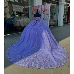 Off Shoulder Lilac Quince Dress Sweetheart Neck 3D Flowers Ball Gown Crystal 15 Dresses With Bow