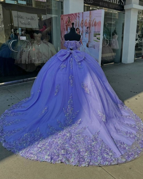 Off Shoulder Lilac Quince Dress Sweetheart Neck 3D Flowers Ball Gown Crystal 15 Dresses With Bow