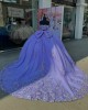 Off Shoulder Lilac Quince Dress Sweetheart Neck 3D Flowers Ball Gown Crystal 15 Dresses With Bow