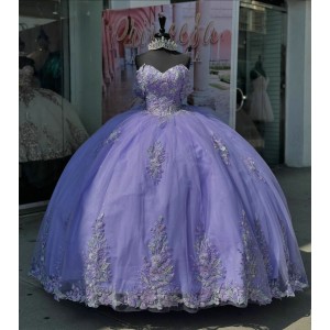 Off Shoulder Lilac Quince Dress Sweetheart Neck 3D Flowers Ball Gown Crystal 15 Dresses With Bow