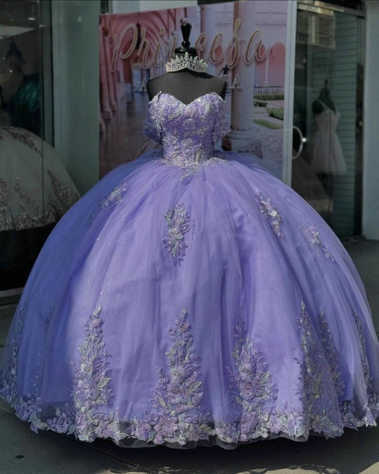 Off Shoulder Lilac Quince Dress Sweetheart Neck 3D Flowers Ball Gown Crystal 15 Dresses With Bow