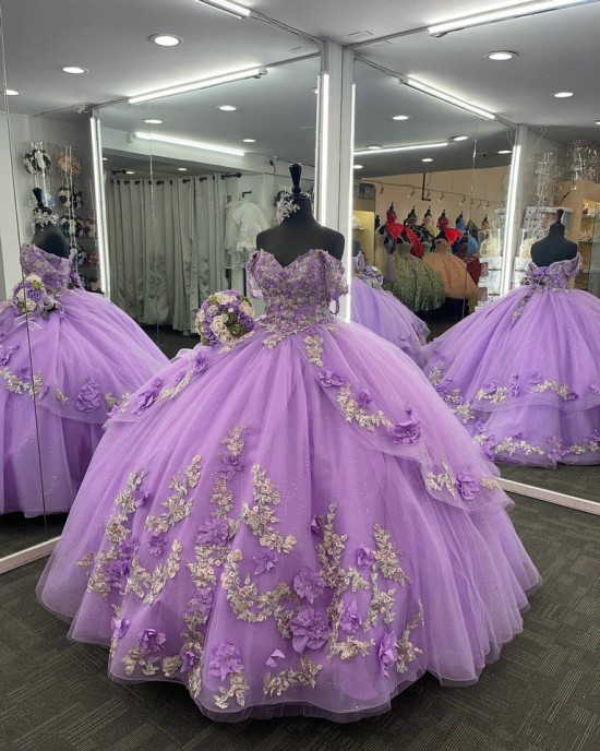 Off Shoulder Lilac Quinceanera Dress Sweetheart Neck 15 Dresses Lace Leaf Ball Gown With 3D Floral Appliques