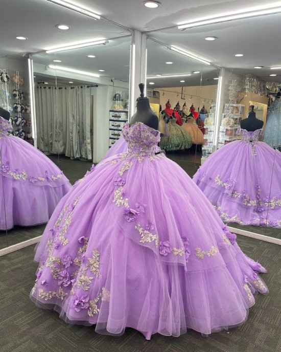 Off Shoulder Lilac Quinceanera Dress Sweetheart Neck 15 Dresses Lace Leaf Ball Gown With 3D Floral Appliques