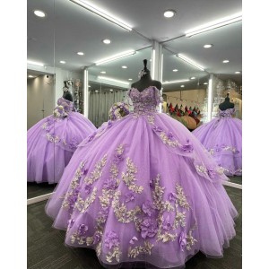 Off Shoulder Lilac Quinceanera Dress Sweetheart Neck 15 Dresses Lace Leaf Ball Gown With 3D Floral Appliques