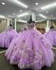 Off Shoulder Lilac Quinceanera Dress Sweetheart Neck 15 Dresses Lace Leaf Ball Gown With 3D Floral Appliques