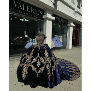 Off Shoulder Navy Blue Quinceanera Dresses Sweetheart Neck Metallic Leaf 15 Dress With Bow