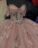 Off Shoulder Pink Quince Dress Sweetheart Neck 3D Flowers Ball Gown Lace Appliques 15 Dresses