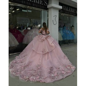 Off Shoulder Pink Quince Dresses Metallic Sequin 15 Dress Sweetheart Neck Ball Gown With Bow