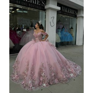 Off Shoulder Pink Quince Dresses Metallic Sequin 15 Dress Sweetheart Neck Ball Gown With Bow