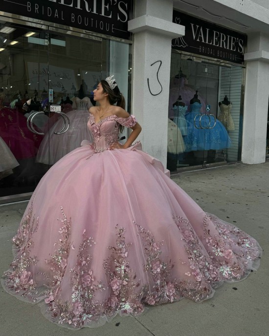 Off Shoulder Pink Quince Dresses Metallic Sequin 15 Dress Sweetheart Neck Ball Gown With Bow