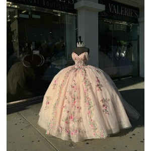 Off Shoulder Pink Quinceanera Dresses Sweetheart Neck Ball Gown 15 Dress With Embroidered Flowers