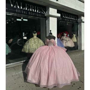 Off Shoulder Pink Quinceanera Dresses Sweetheart Neck Metallic Pearl Sequin 15 Dress With Bow