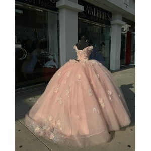 Off Shoulder Pink Quinceanera Dresses V Neck Ball Gown 15 Dress With 3D Floral Appliques