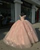 Off Shoulder Pink Quinceanera Dresses V Neck Ball Gown 15 Dress With 3D Floral Appliques