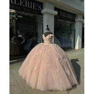 Off Shoulder Pink Quinceanera Dresses V Neck Ball Gown 15 Dress With 3D Floral Appliques