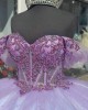 Off Shoulder Purple On White Quinceanera Dresses Sweetheart Neck Metallic Sequin 15 Dress