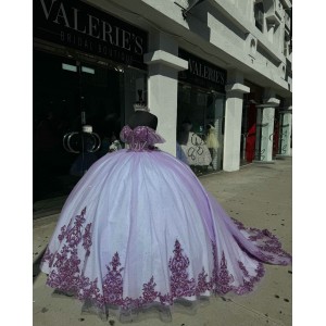 Off Shoulder Purple On White Quinceanera Dresses Sweetheart Neck Metallic Sequin 15 Dress