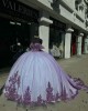 Off Shoulder Purple On White Quinceanera Dresses Sweetheart Neck Metallic Sequin 15 Dress