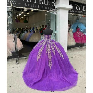 Off Shoulder Purple Quinceanera Dress Sweetheart Metallic Leaf 15 Dresses