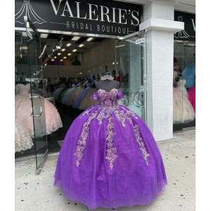 Off Shoulder Purple Quinceanera Dress Sweetheart Metallic Leaf 15 Dresses