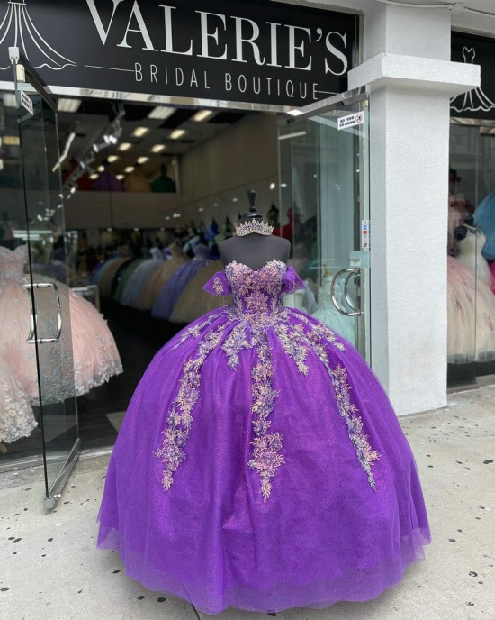 Off Shoulder Purple Quinceanera Dress Sweetheart Metallic Leaf 15 Dresses