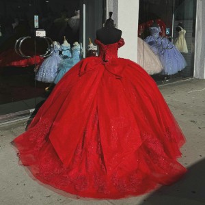 Off Shoulder Red Quince Dresses Lace Appliques 15 Dress Sweetheart Ball Gown With Bow