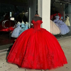 Off Shoulder Red Quince Dresses Lace Appliques 15 Dress Sweetheart Ball Gown With Bow