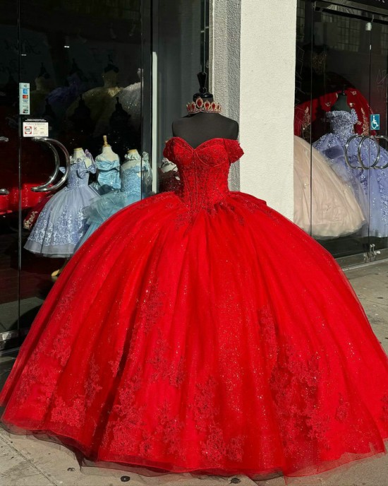 Off Shoulder Red Quince Dresses Lace Appliques 15 Dress Sweetheart Ball Gown With Bow