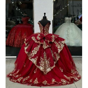 Off Shoulder Red Quince Dresses V Neck 15 Dress Metallic Sequin Ball Gown With Bow