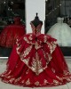 Off Shoulder Red Quince Dresses V Neck 15 Dress Metallic Sequin Ball Gown With Bow