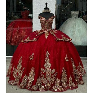 Off Shoulder Red Quince Dresses V Neck 15 Dress Metallic Sequin Ball Gown With Bow