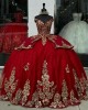 Off Shoulder Red Quince Dresses V Neck 15 Dress Metallic Sequin Ball Gown With Bow