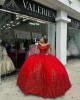 Off Shoulder Red Quince Dresses V Neck Beading 15 Dress Lace Appliques Ball Gown