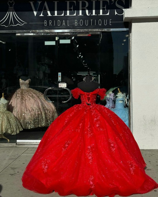 Off Shoulder Red Quinceanera Dresses Sweetheart Neck Lace Appliques 15 Dress