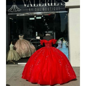 Off Shoulder Red Quinceanera Dresses Sweetheart Neck Lace Appliques 15 Dress