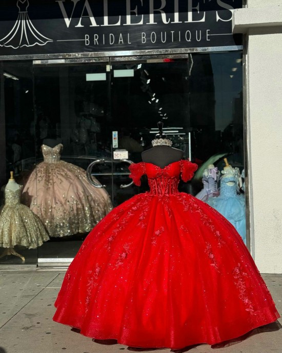 Off Shoulder Red Quinceanera Dresses Sweetheart Neck Lace Appliques 15 Dress