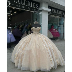 Off Shoulder Rose Gold Quinceanera Dress Sweetheart 15 Dresses With 3D Floral Appliques Ball Gown