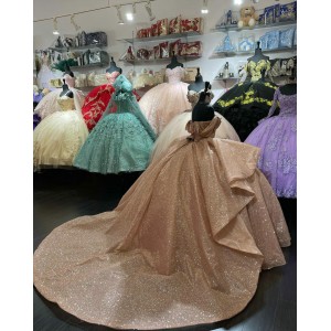 Off Shoulder Rose Gold Quinceanera Dress Sweetheart Sequin 15 Dresses With 3D Floral Appliques