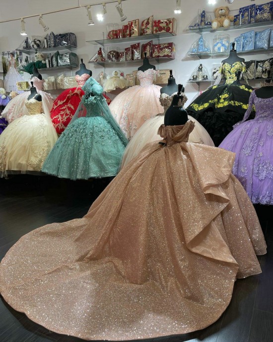 Off Shoulder Rose Gold Quinceanera Dress Sweetheart Sequin 15 Dresses With 3D Floral Appliques