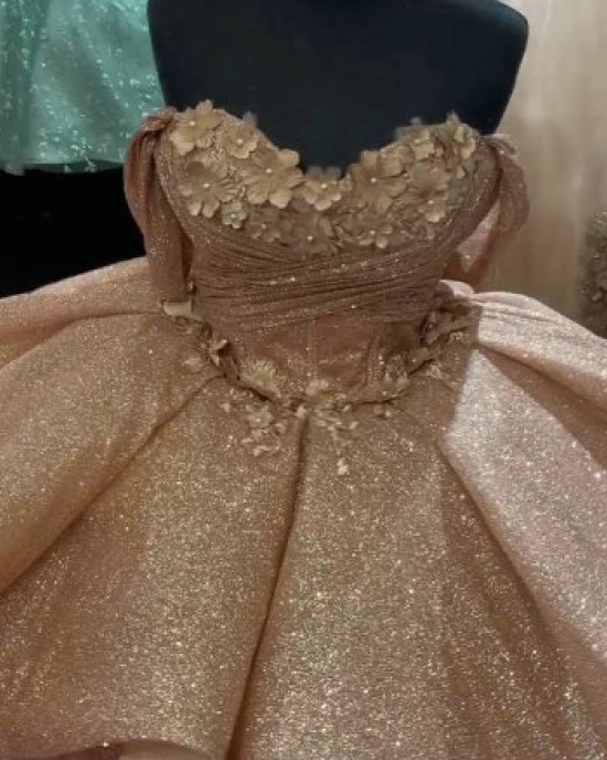 Off Shoulder Rose Gold Quinceanera Dress Sweetheart Sequin 15 Dresses With 3D Floral Appliques