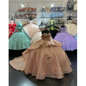 Off Shoulder Rose Gold Quinceanera Dress Sweetheart Sequin 15 Dresses With 3D Floral Appliques