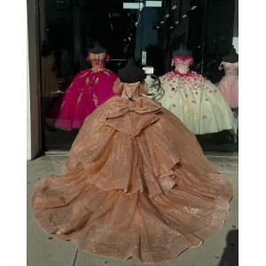 Off Shoulder Rose Gold Quinceanera Dresses Sheer Bodice Ball Gown Metallic Sequin 15 Dress With Bow