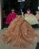 Off Shoulder Rose Gold Quinceanera Dresses Sheer Bodice Ball Gown Metallic Sequin 15 Dress With Bow