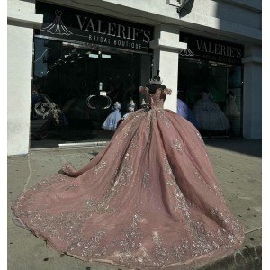 Off Shoulder Rose Gold Quinceanera Dresses Sweetheart Neck Metallic Sequin Ball Gown 15 Dress