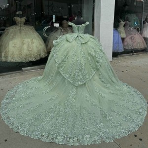 Off Shoulder Sage Green Quince Dress Sweetheart Neck Lace Appliques Ball Gown Crystal 15 Dresses With Bow