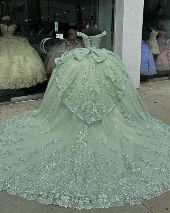 Off Shoulder Sage Green Quince Dress Sweetheart Neck Lace Appliques Ball Gown Crystal 15 Dresses With Bow