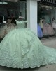 Off Shoulder Sage Green Quince Dress Sweetheart Neck Lace Appliques Ball Gown Crystal 15 Dresses With Bow