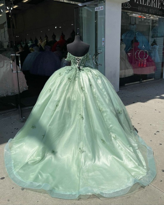 Off Shoulder Sage Green Quinceanera Dress Sweetheart Lace Appliques 15 Dresses With Three Dimensional Butterfly