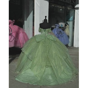 Off Shoulder Sage Green Quinceanera Dresses Metallic Sequin Ball Gown 15 Dress With Bow