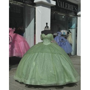 Off Shoulder Sage Green Quinceanera Dresses Metallic Sequin Ball Gown 15 Dress With Bow